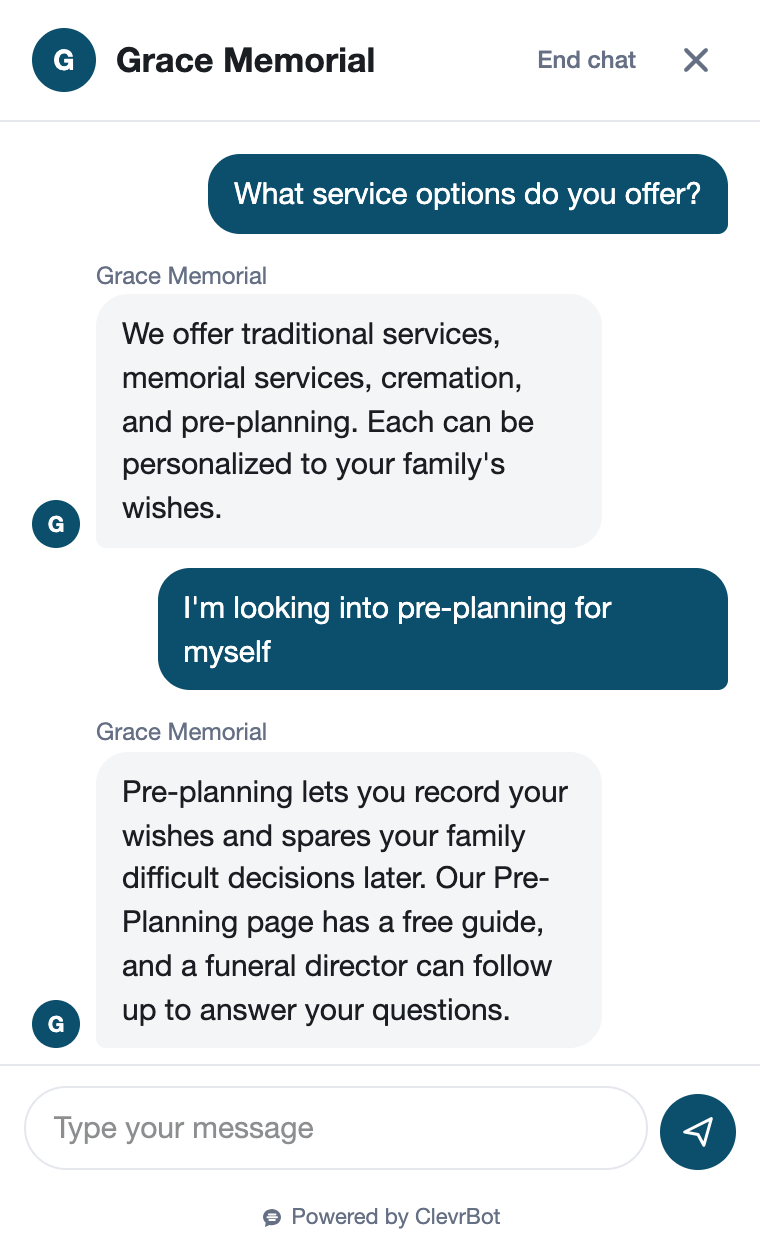 Chatbot for funeral homes showing a compassionate service conversation