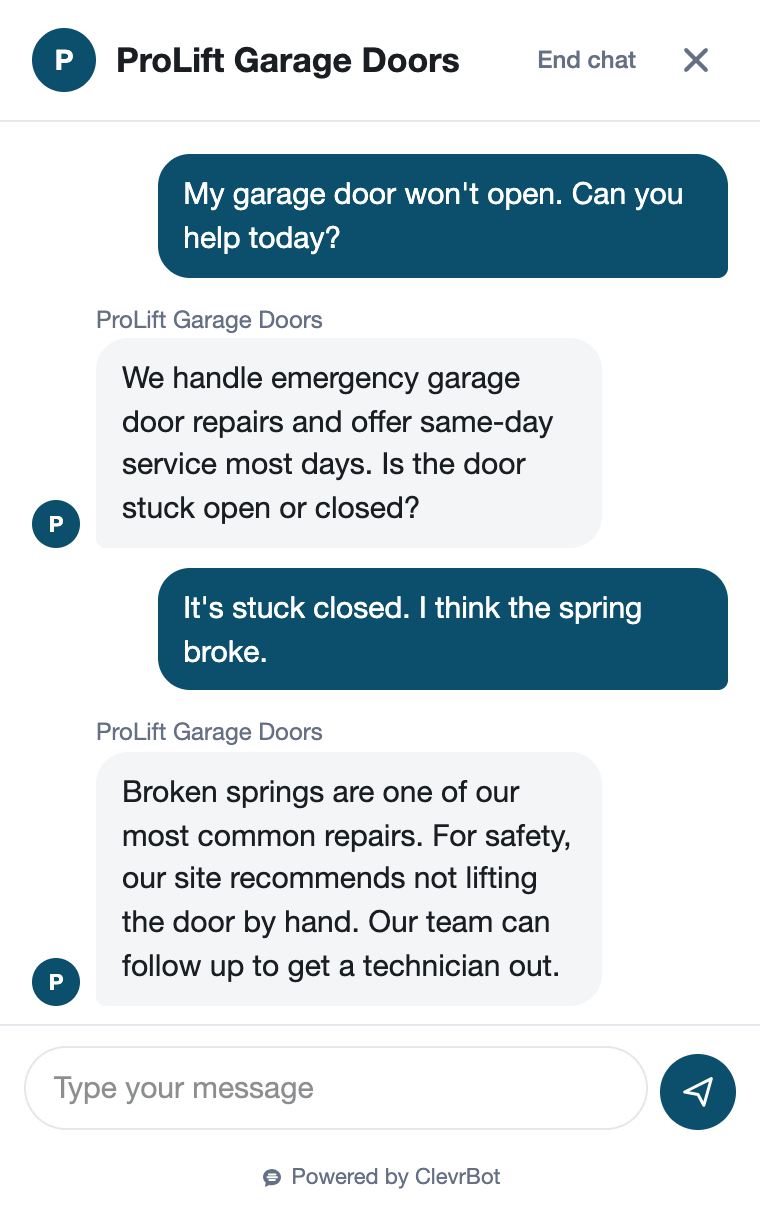 Chatbot for garage door repair showing an emergency service conversation