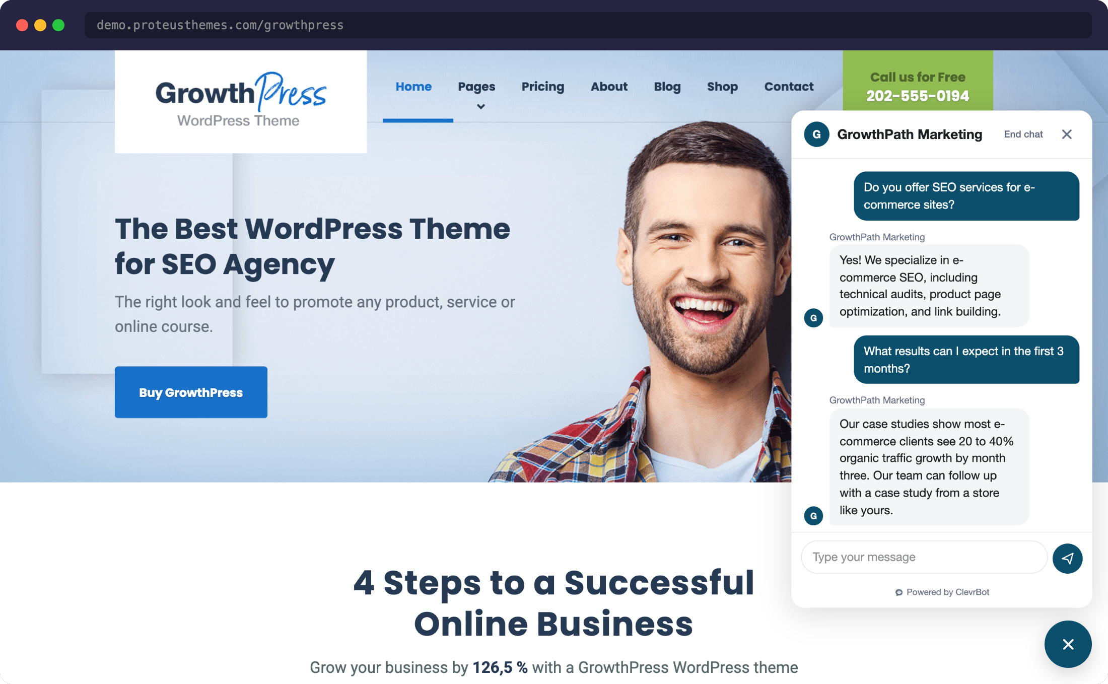 Chatbot for GrowthPress - ClevrBot widget answering marketing agency questions