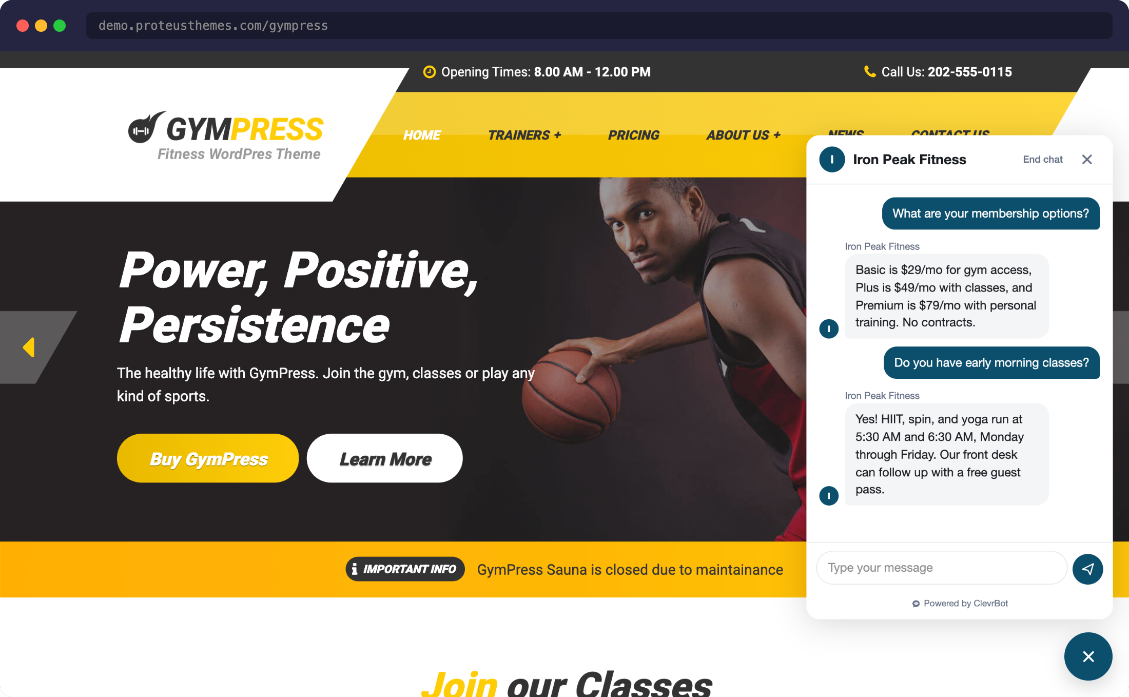 Chatbot for GymPress - ClevrBot widget demo