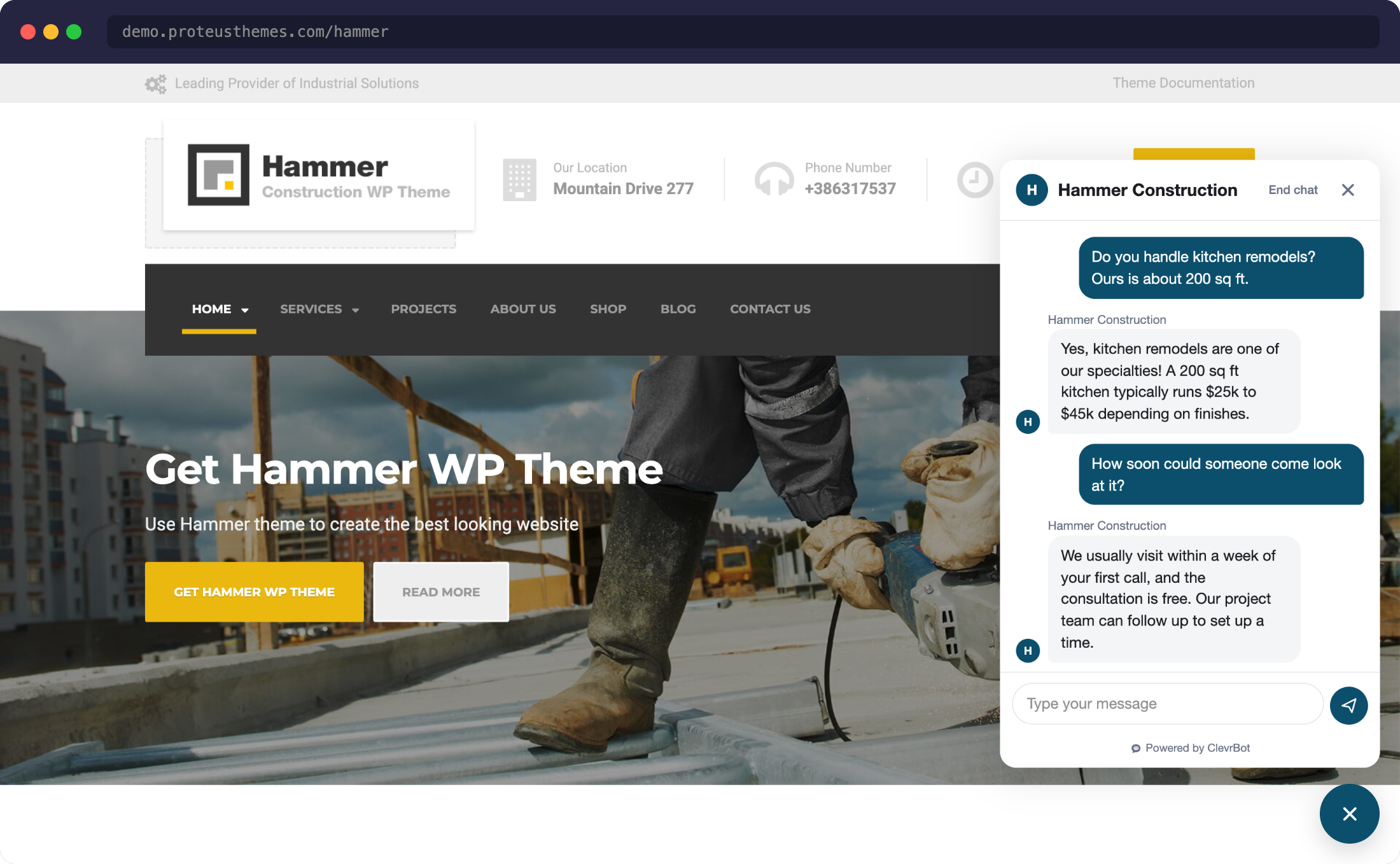 Chatbot for Hammer theme showing ClevrBot AI chat widget
