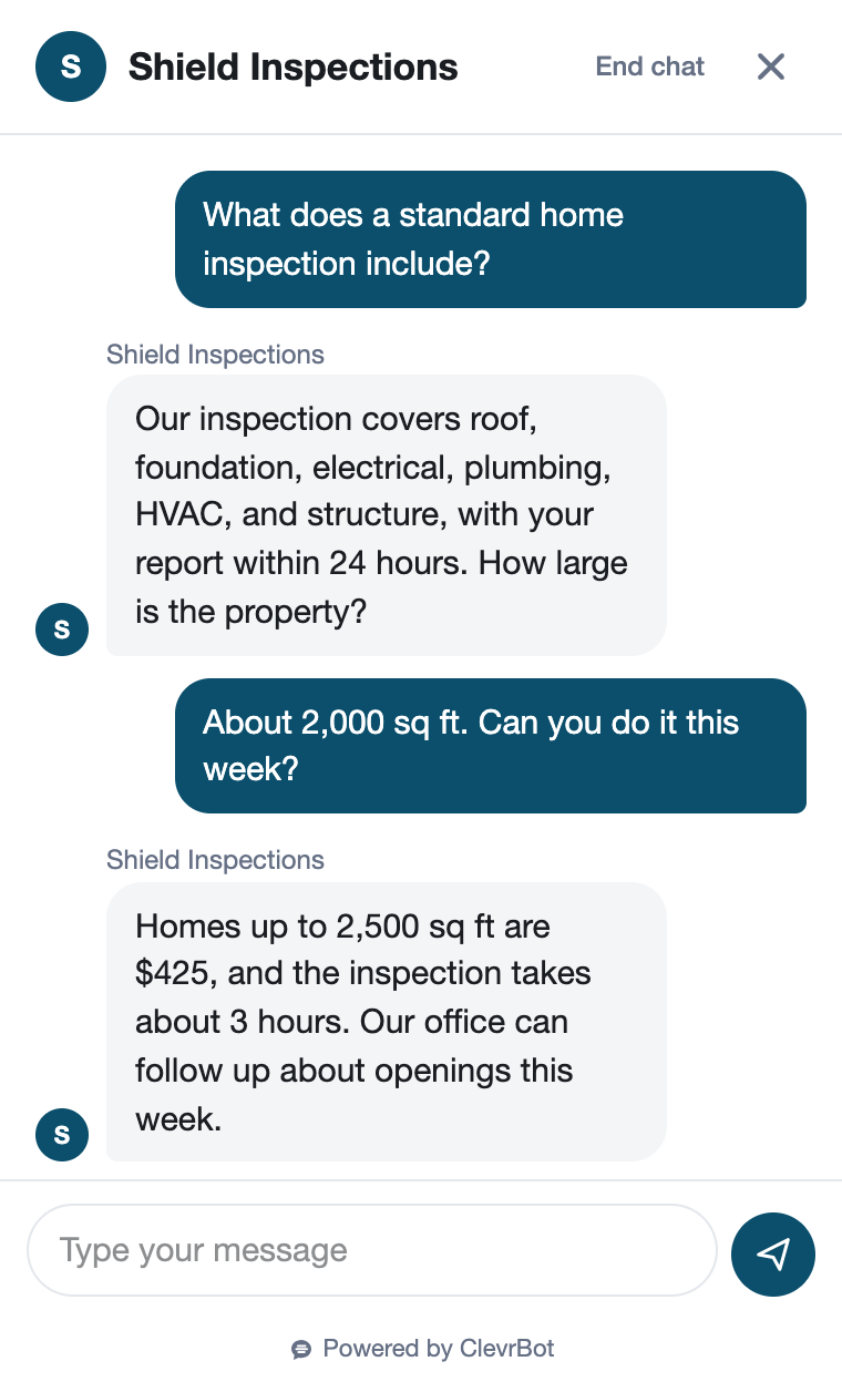 Chatbot for home inspectors showing a scheduling conversation