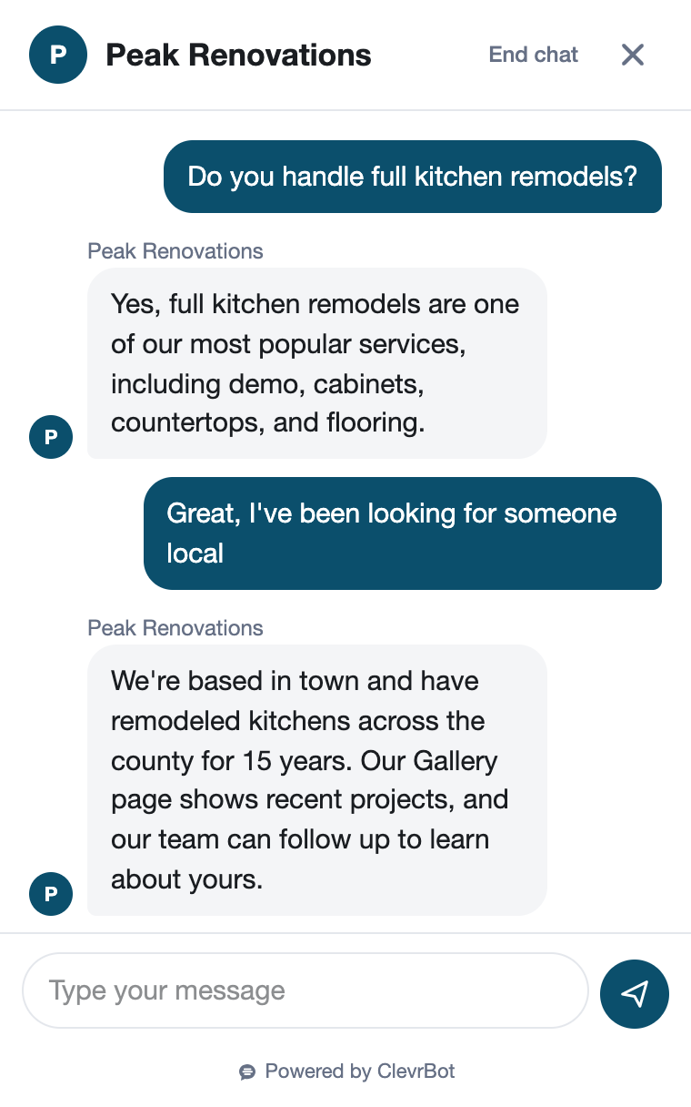Chatbot for home remodeling companies showing a lead qualification conversation
