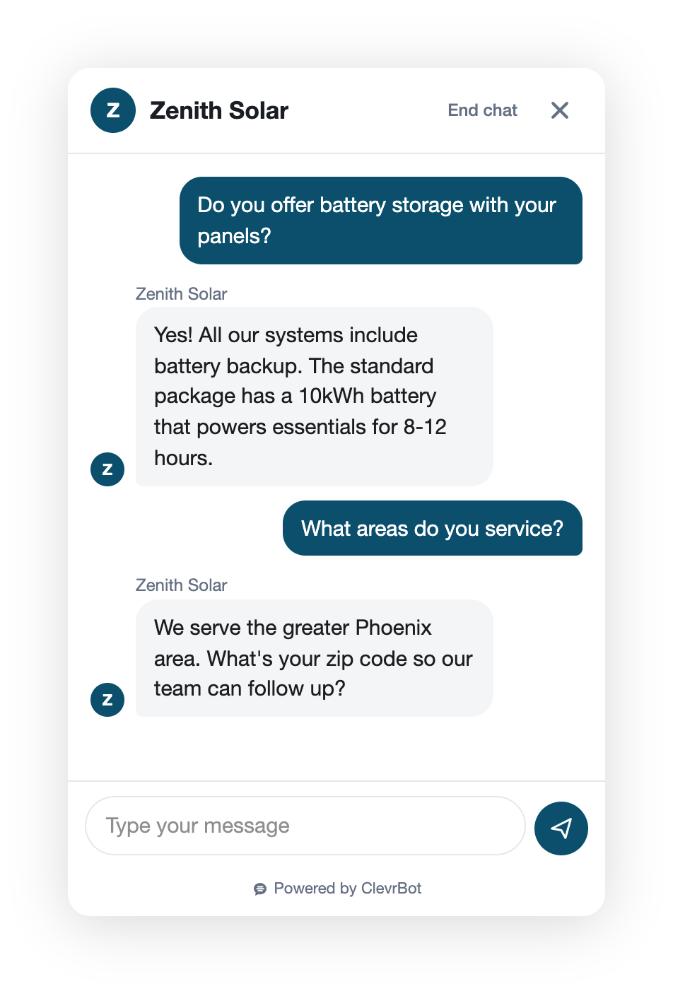 ClevrBot AI chatbot plugin for WordPress - chat widget demo