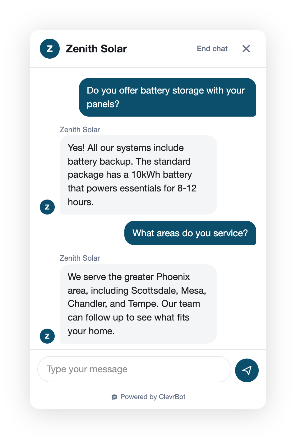 ClevrBot AI chatbot plugin for WordPress - chat widget demo