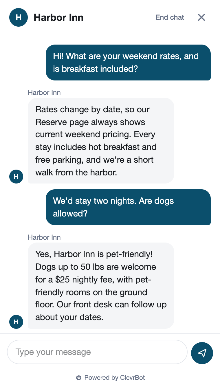Hotel chatbot answering a guest's questions about rates, breakfast, parking, and bringing a dog
