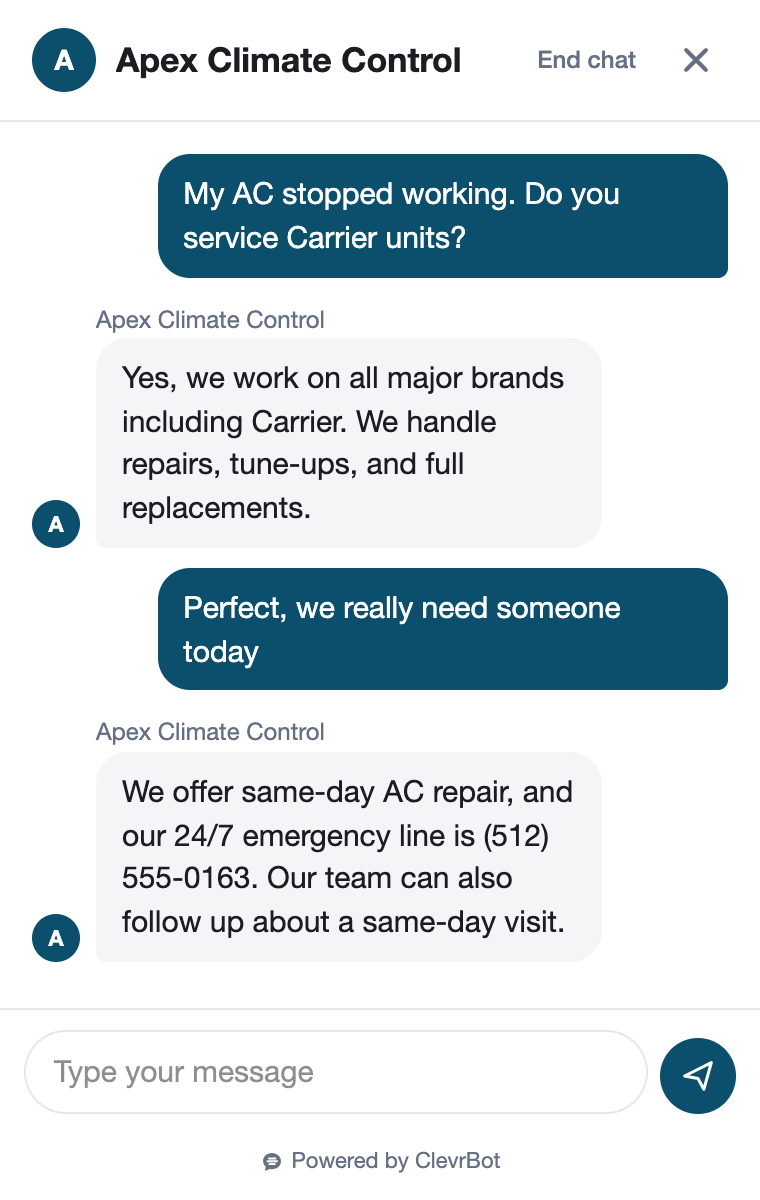 Chatbot for HVAC companies showing a lead qualification conversation
