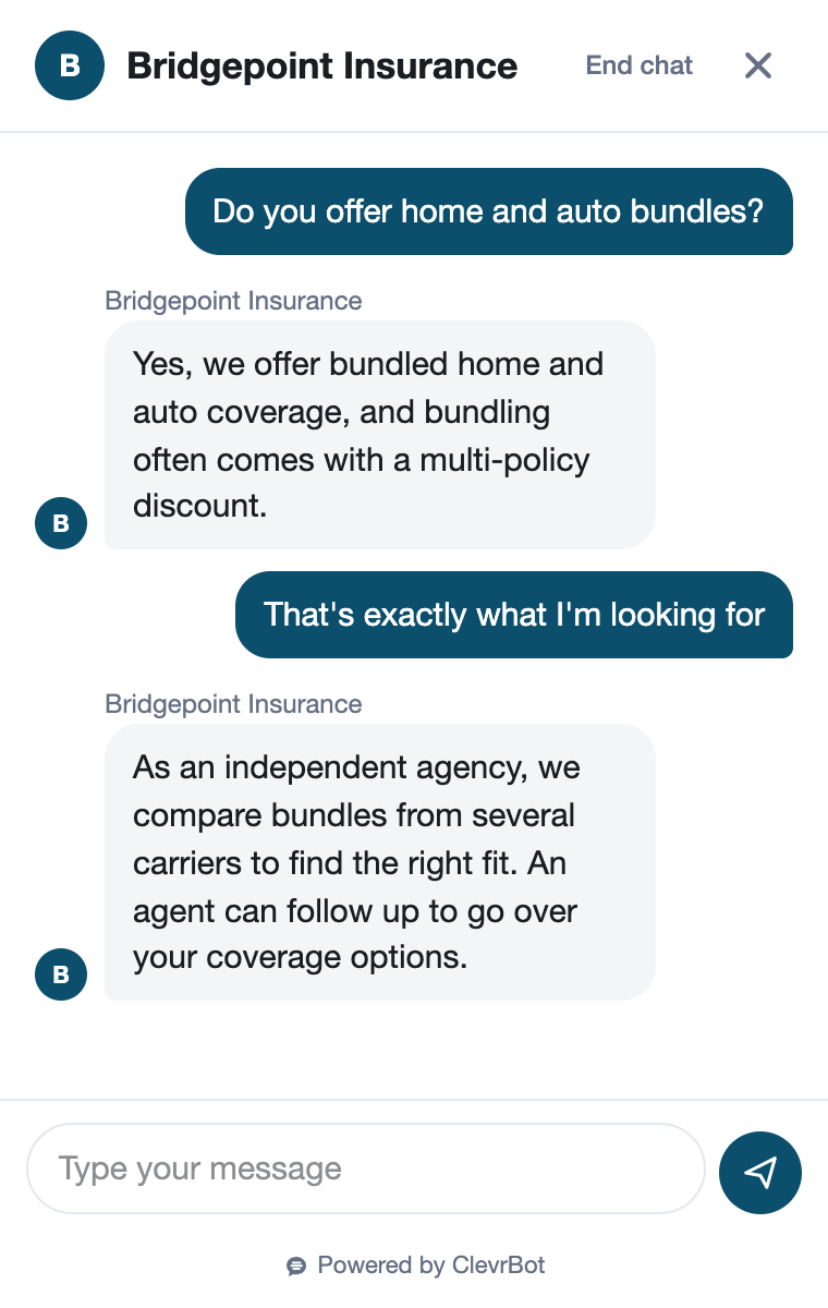 Insurance chatbot answering a home and auto bundle question for an independent agency