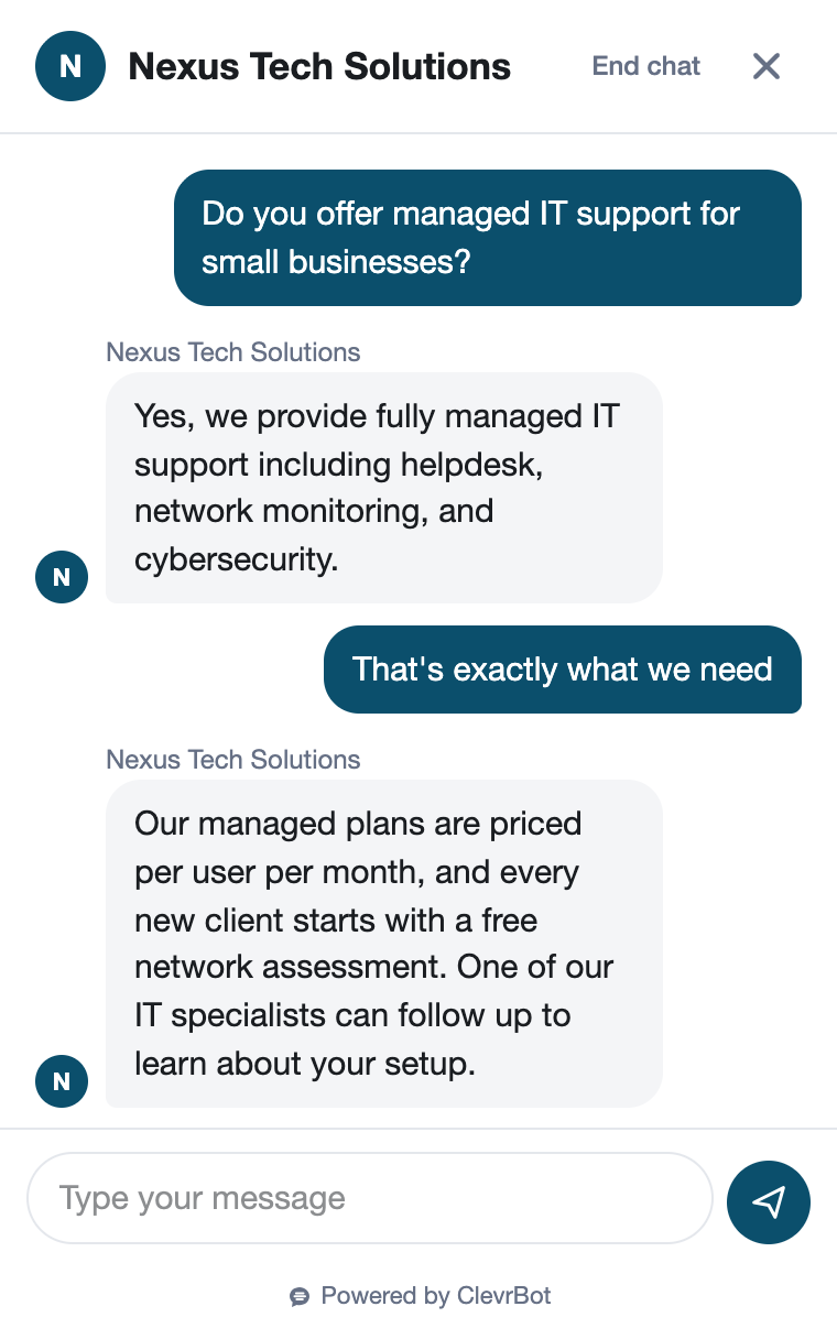 Chatbot for IT services showing a lead qualification conversation