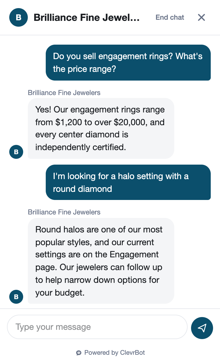 Chatbot for jewelry stores showing an engagement ring inquiry