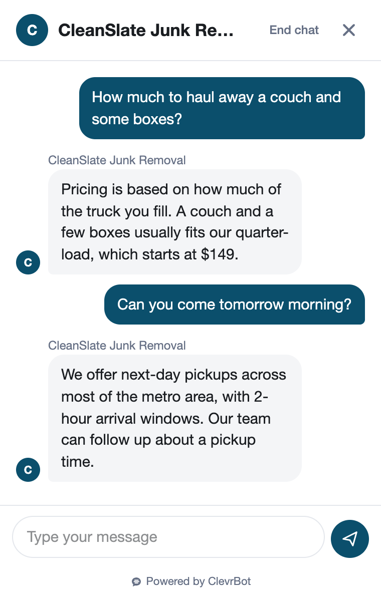 Chatbot for junk removal showing a pickup request conversation