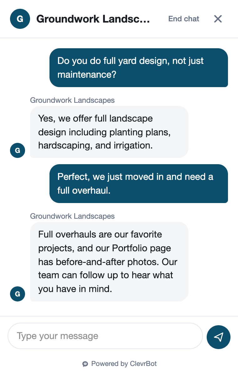 Chatbot for landscaping companies showing a lead qualification conversation