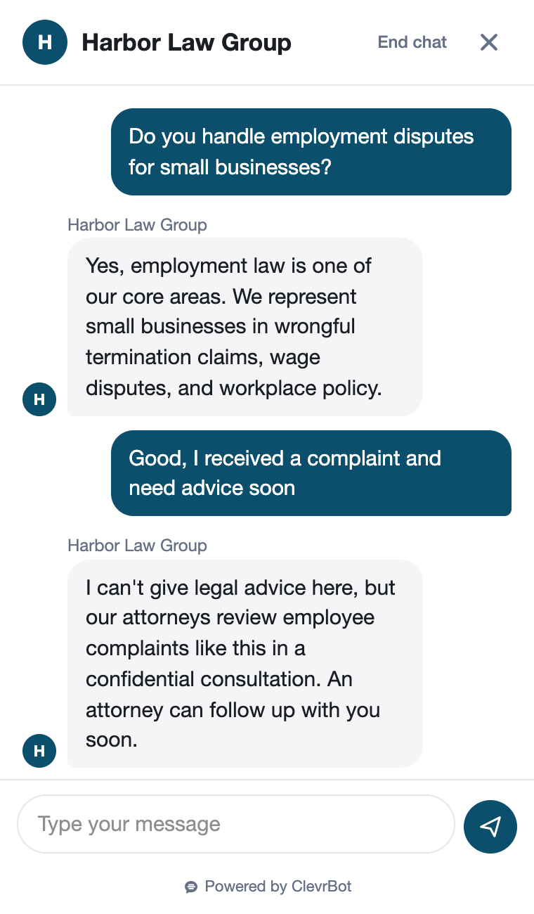 Law firm chatbot answering a prospective client's question about employment law