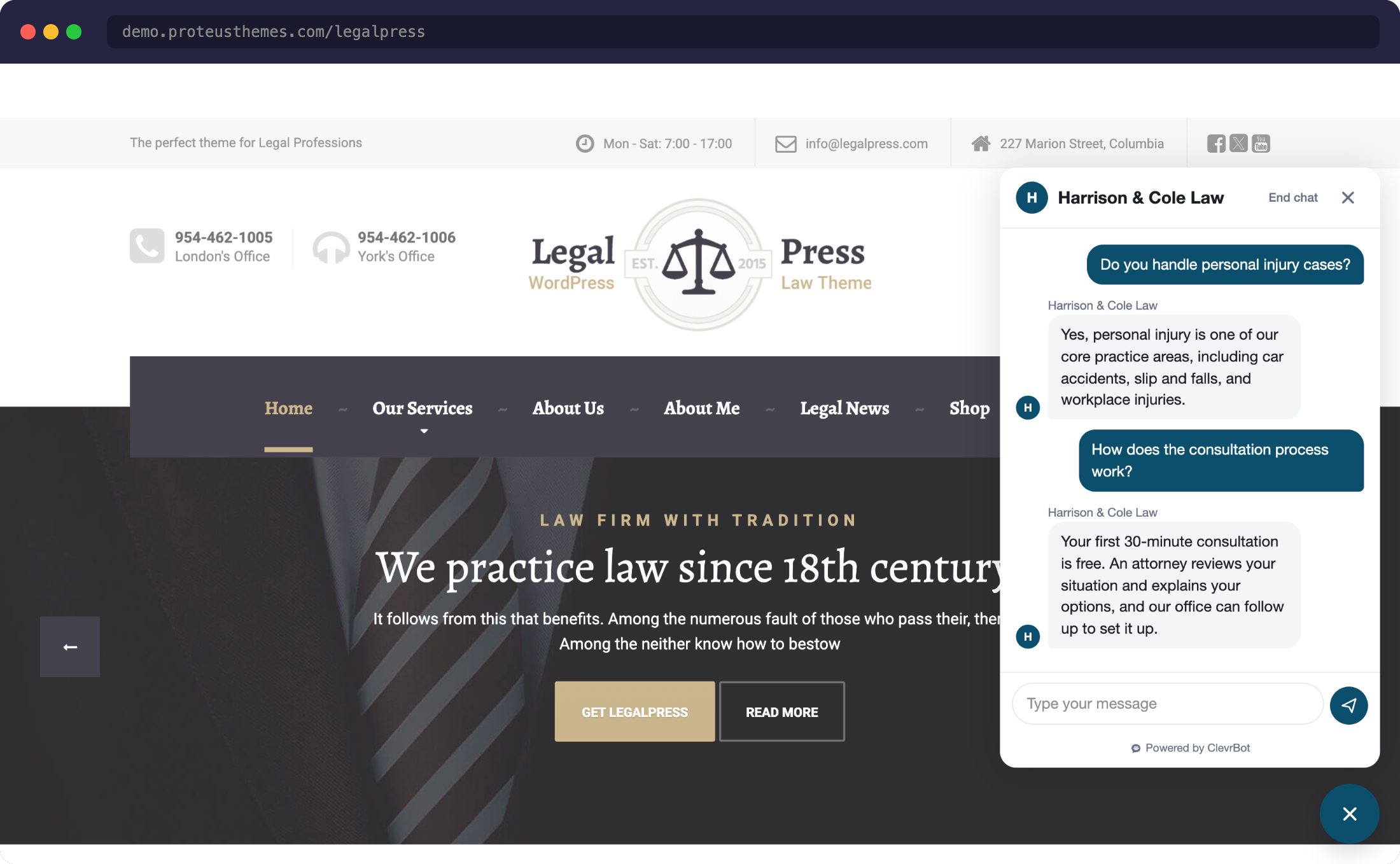 Chatbot for LegalPress theme answering visitor questions
