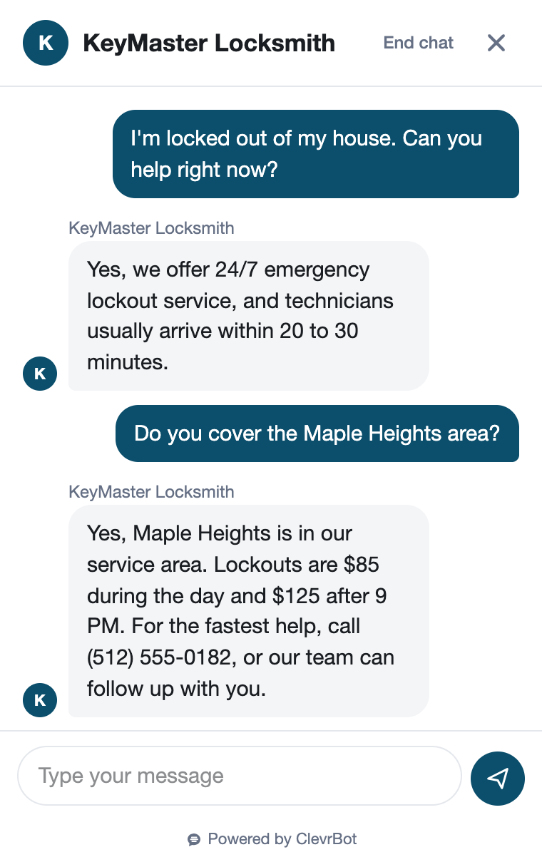 Chatbot for locksmiths showing an emergency lockout conversation