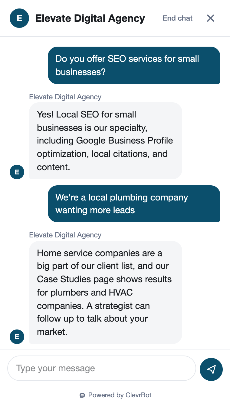 Chatbot for marketing agencies showing a service inquiry conversation