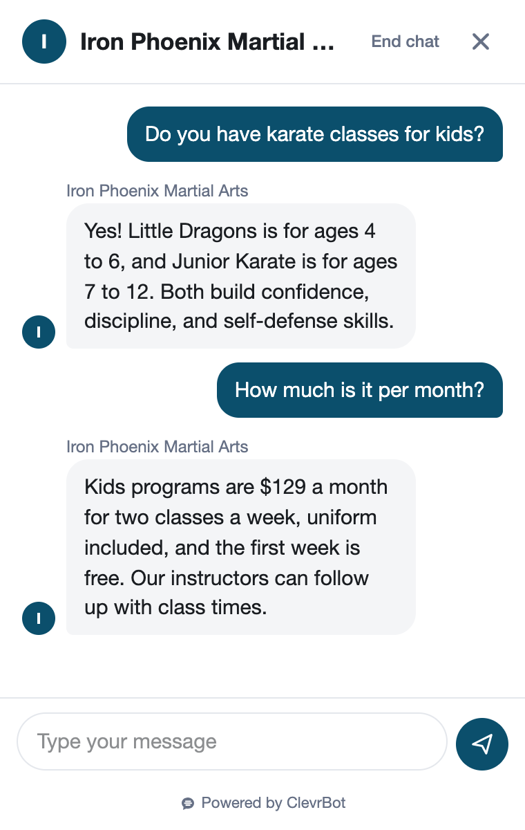 Chatbot for martial arts showing a kids program inquiry