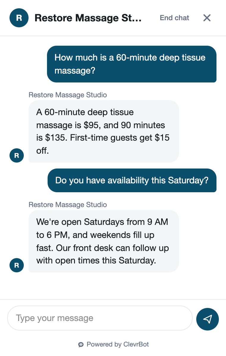 Chatbot for massage therapy showing a pricing and booking conversation