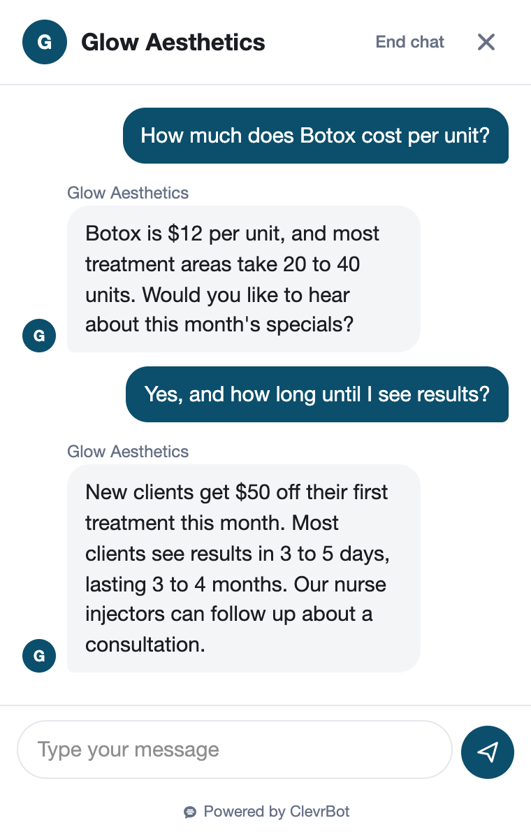 Chatbot for medical spas showing a treatment pricing conversation