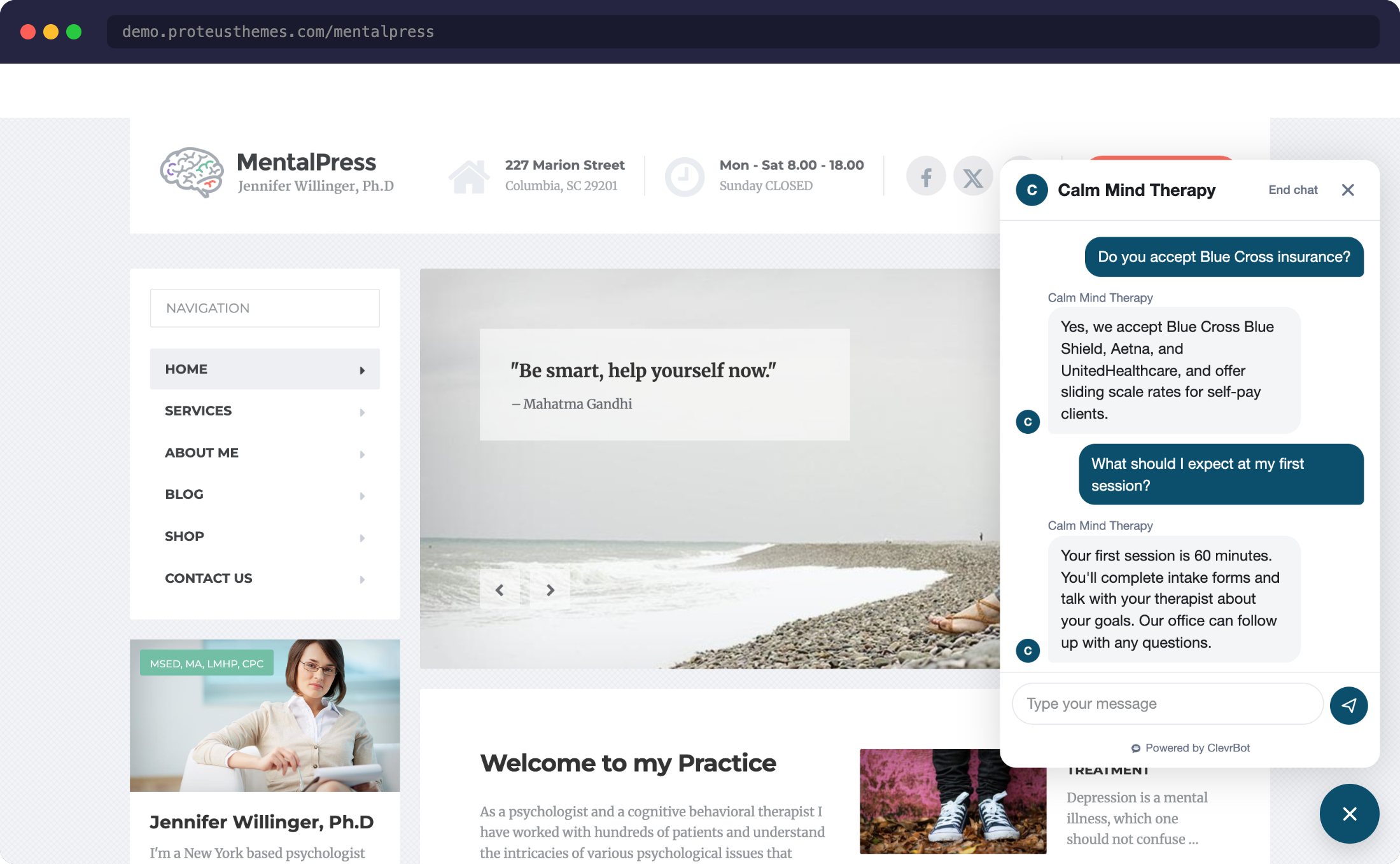 Chatbot for MentalPress answering client questions about insurance and appointments