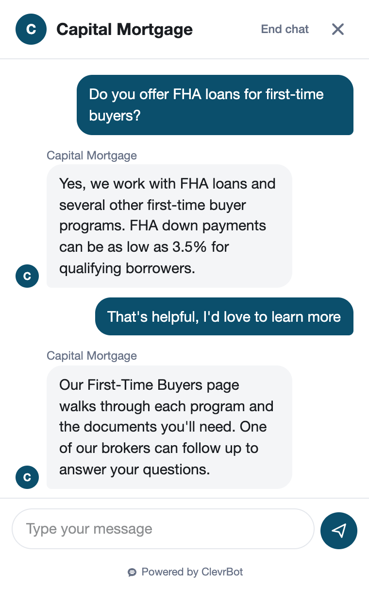 Chatbot for mortgage brokers showing a lead qualification conversation