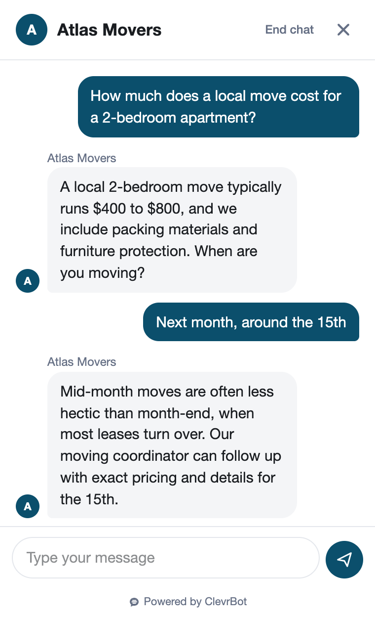 Chatbot for moving companies showing a quote request conversation