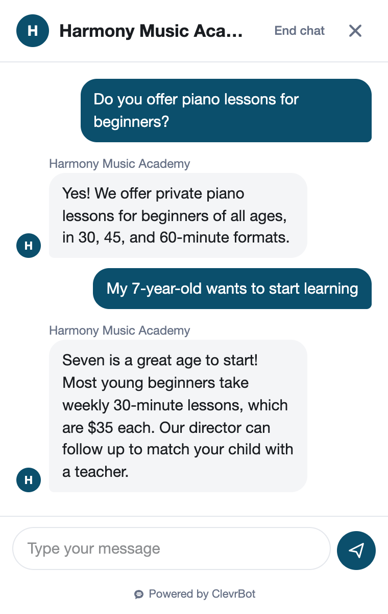 Chatbot for music schools showing a lesson inquiry conversation