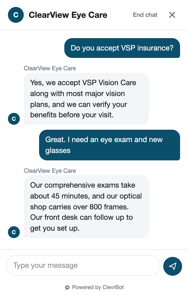 Chatbot for optometrists showing an insurance and appointment conversation