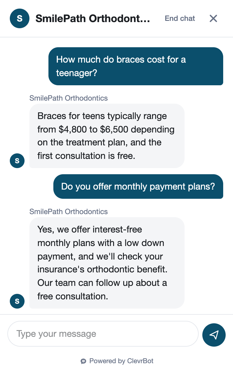 Chatbot for orthodontists showing a treatment inquiry conversation
