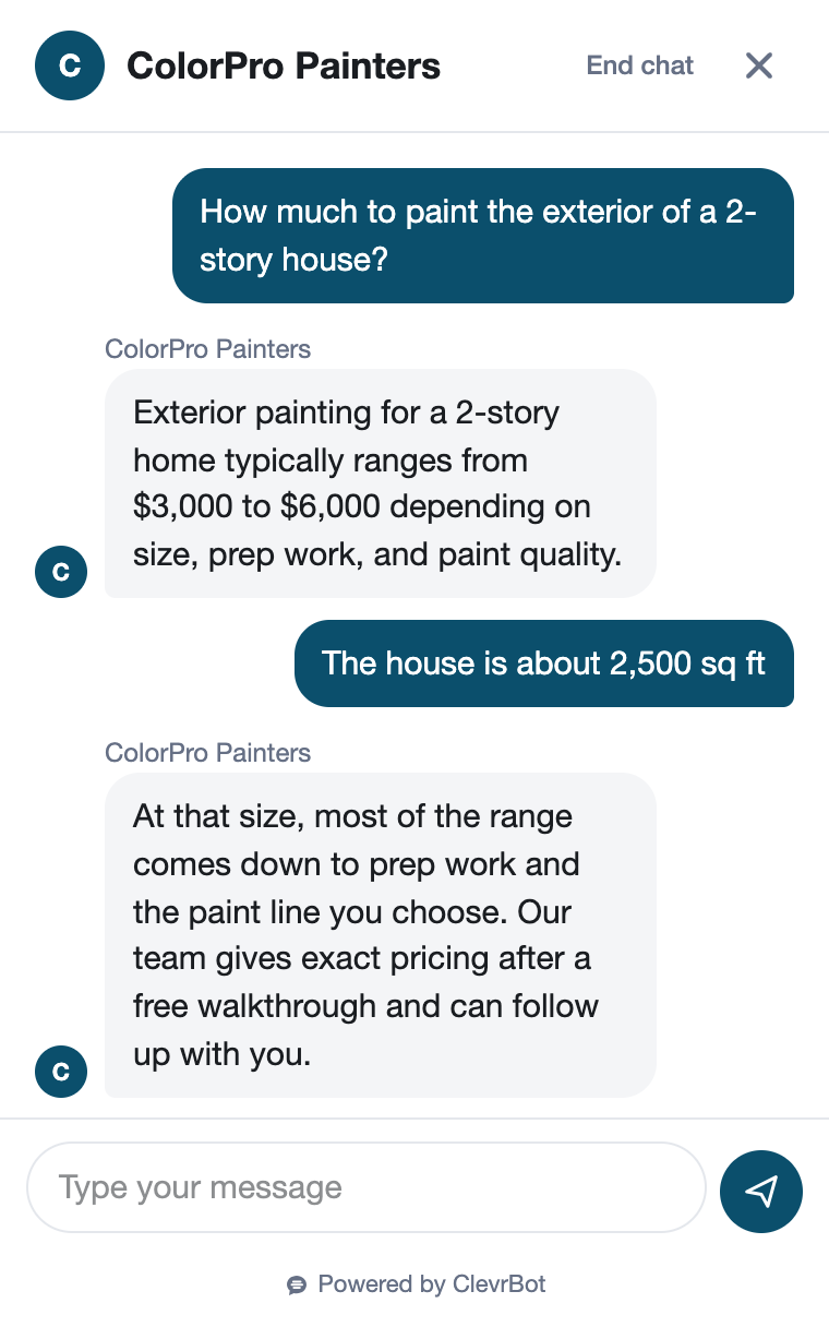 Chatbot for painting companies showing an estimate request conversation
