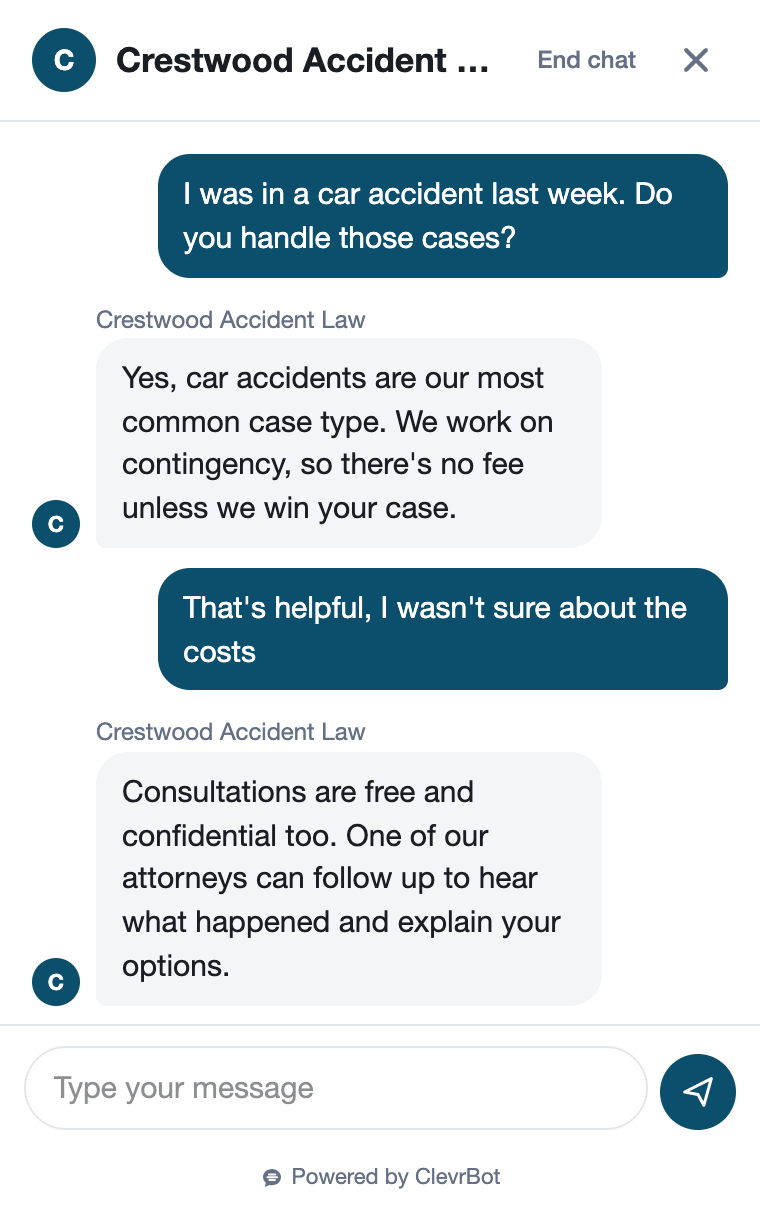 Chatbot for personal injury lawyers showing a prospective client lead qualification conversation