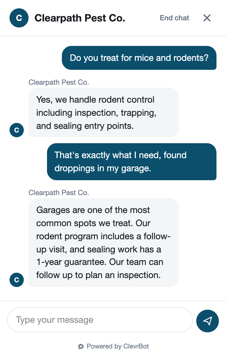 Chatbot for pest control companies showing a lead qualification conversation