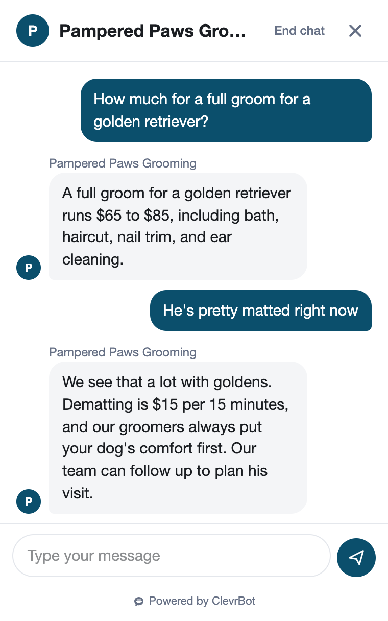 Chatbot for pet grooming showing a pricing and booking conversation