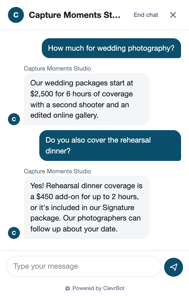 Chatbot for photography studios showing a wedding package conversation