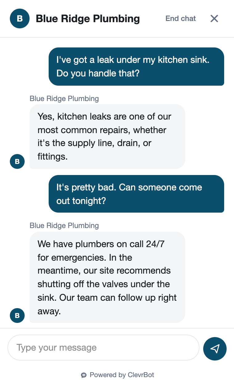Chatbot for plumbers showing a lead qualification conversation