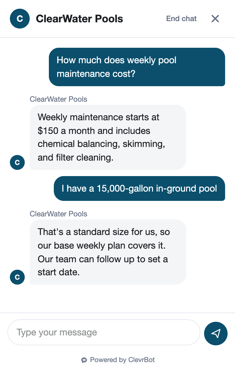 Chatbot for pool service showing a maintenance pricing conversation