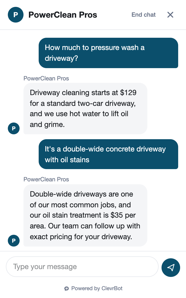 Chatbot for pressure washing showing an estimate request conversation