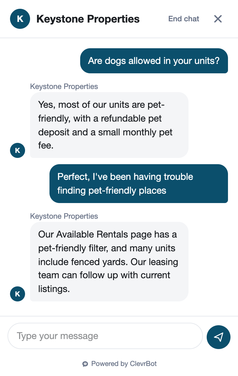 Property management chatbot answering a renter's question about dogs and pet fees