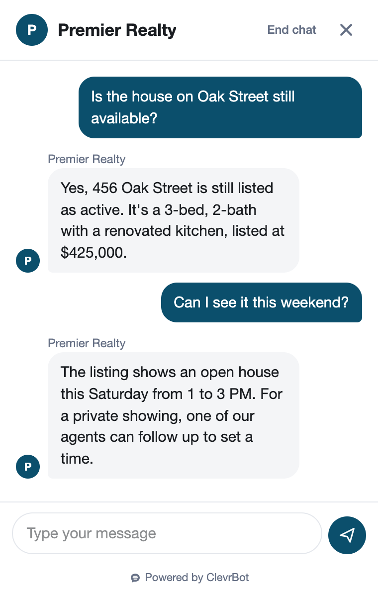 Real estate chatbot answering a buyer's questions about a listing and this weekend's open house