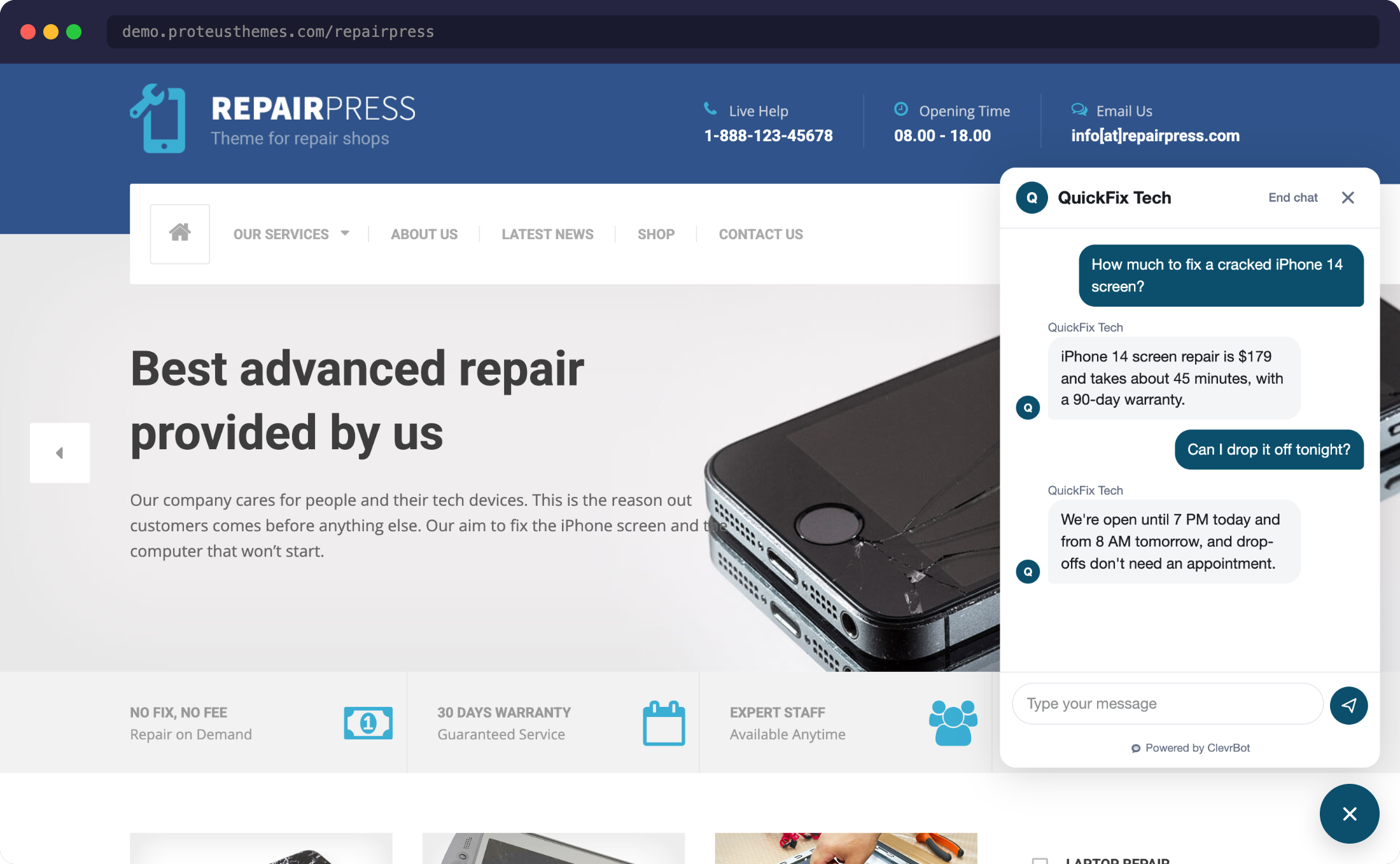 Chatbot for RepairPress - ClevrBot widget answering customer questions