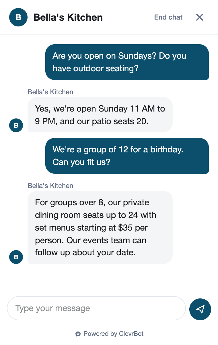 Restaurant chatbot answering a guest's questions about Sunday hours and private dining for a group of 12