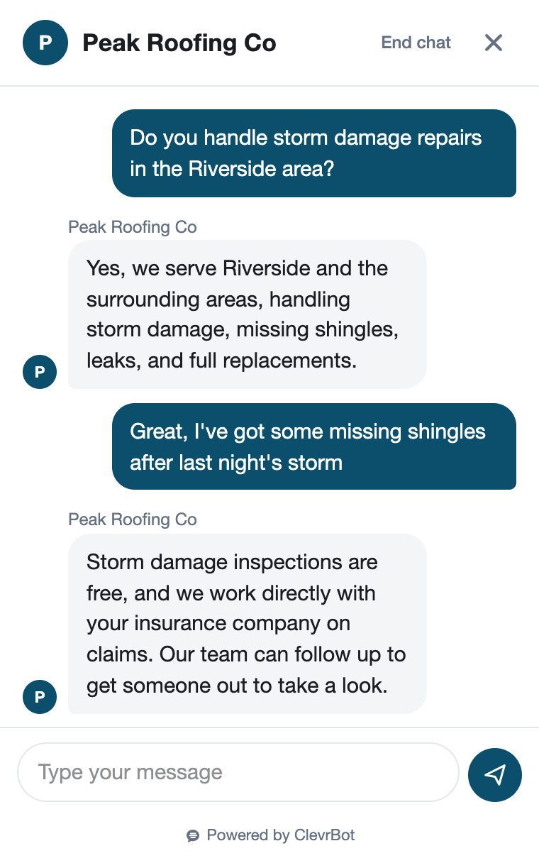 Chatbot for roofing companies showing a lead qualification conversation