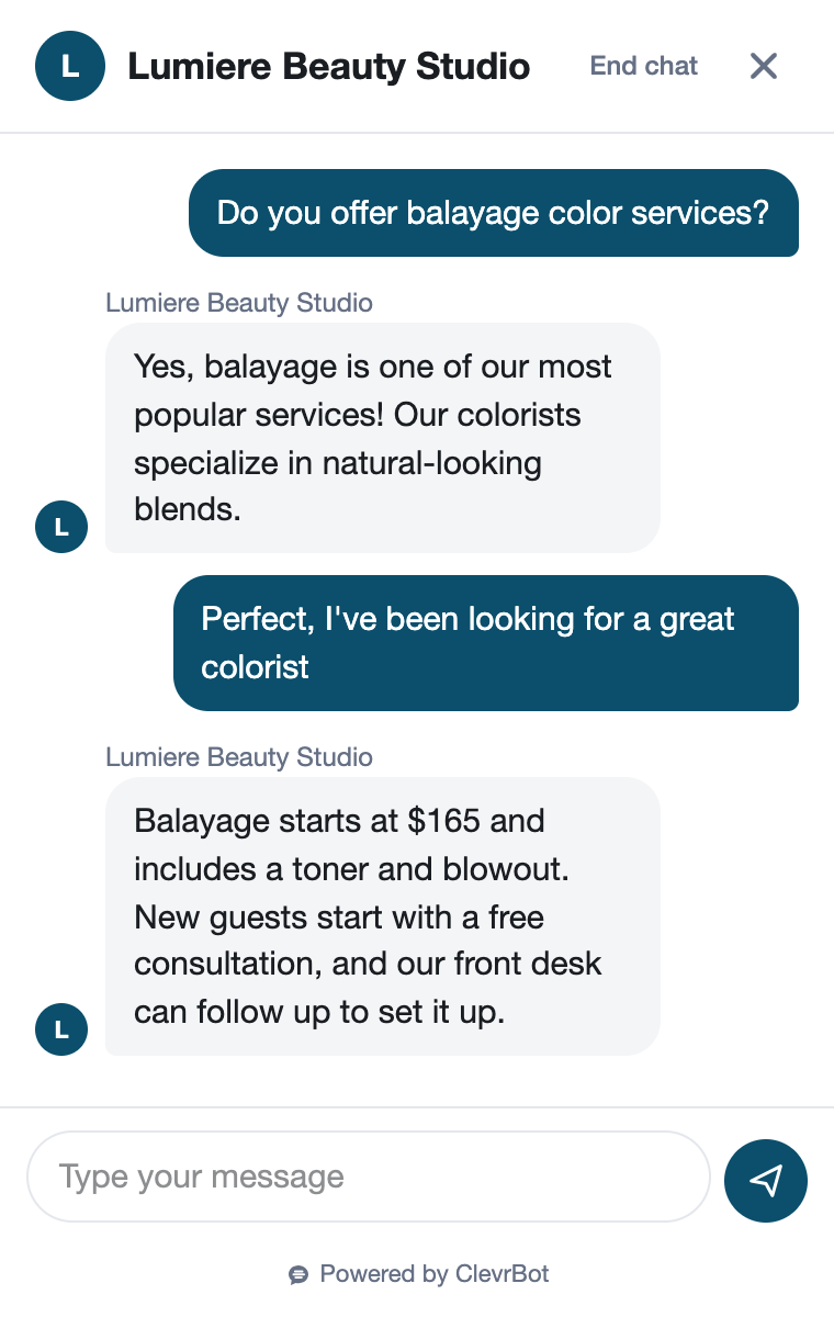 Chatbot for salons and spas showing a lead qualification conversation