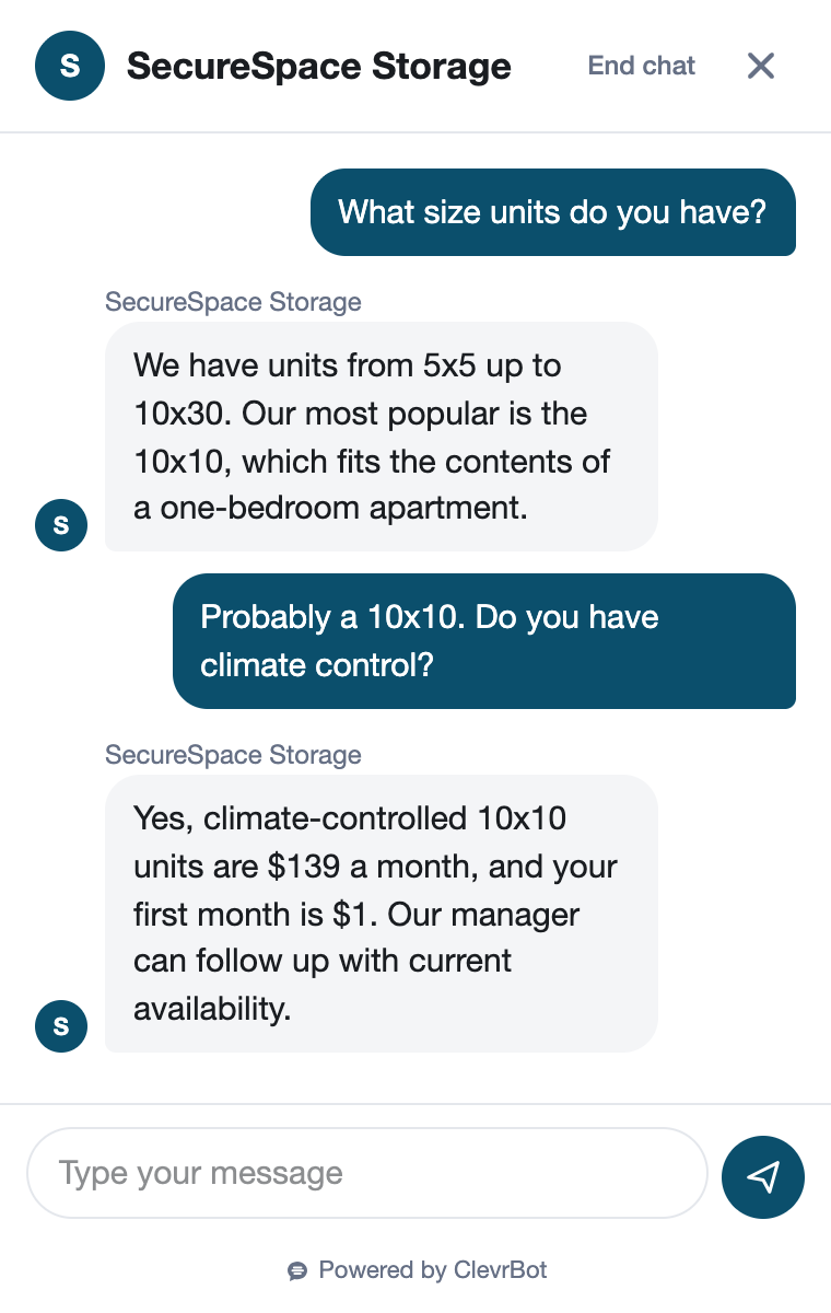 Chatbot for self-storage showing a unit availability conversation