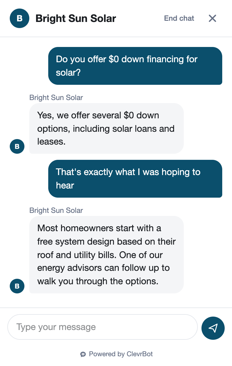 Chatbot for solar companies showing a lead qualification conversation