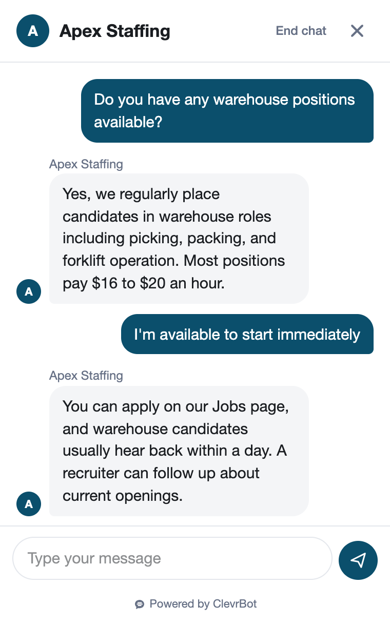 Chatbot for staffing agencies showing a job inquiry conversation