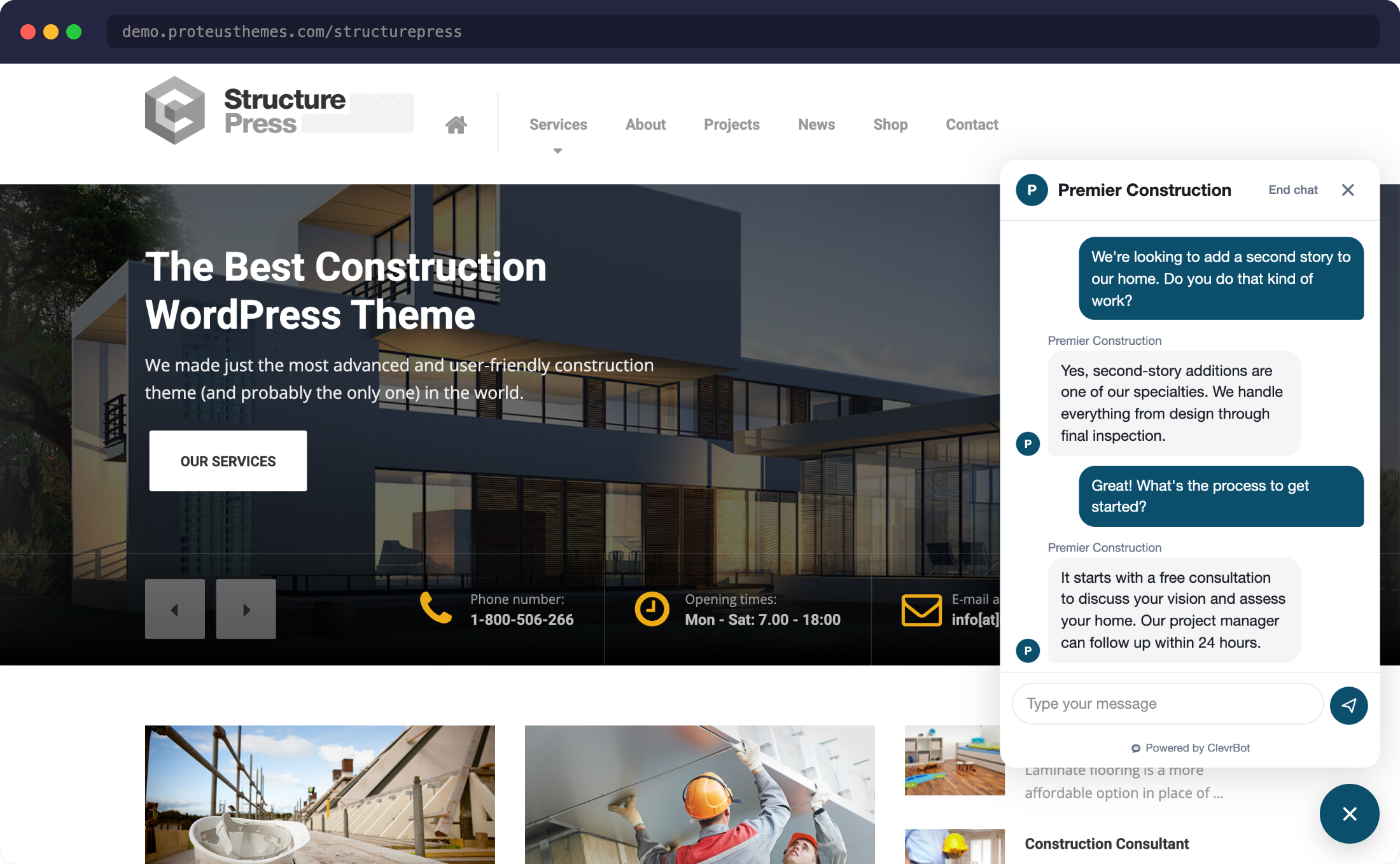 Chatbot for StructurePress showing AI chat widget on construction theme
