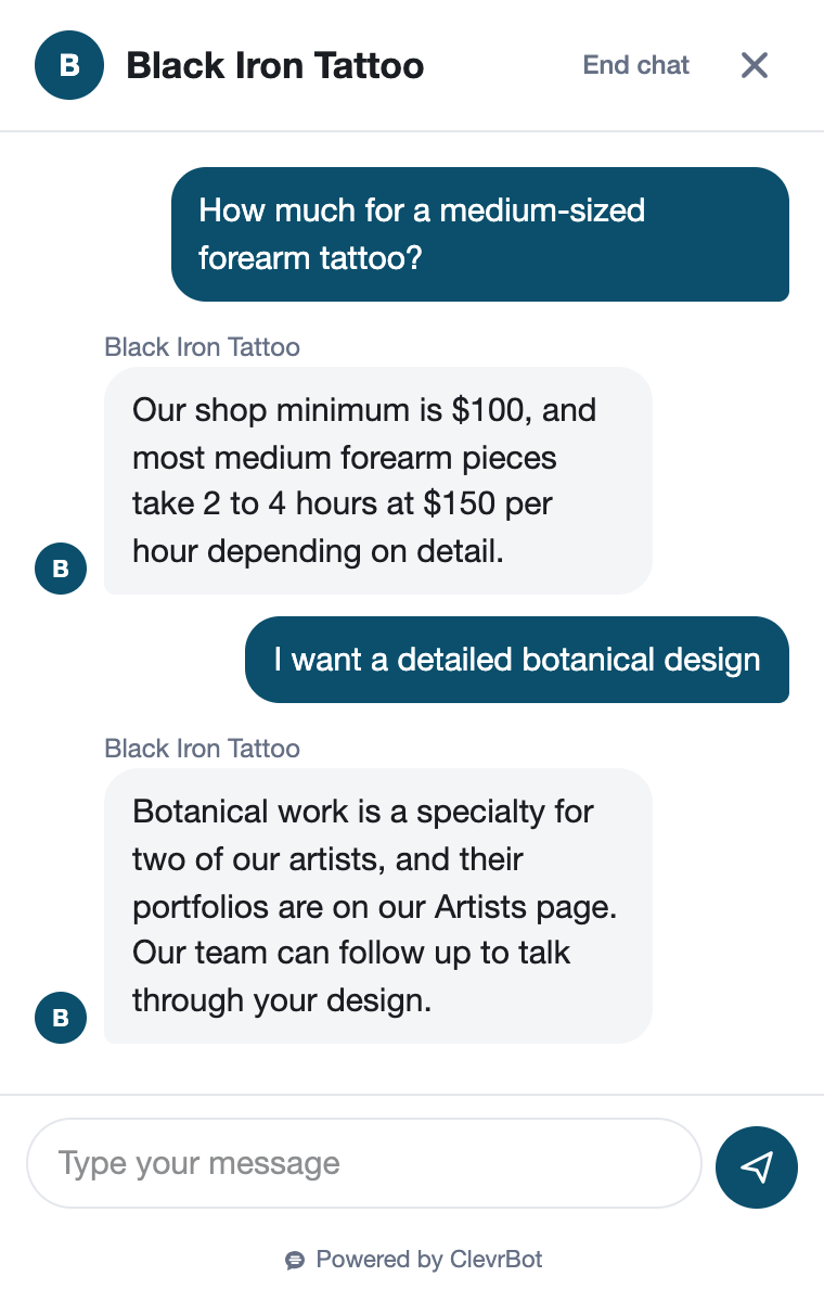 Chatbot for tattoo shops showing a consultation request conversation