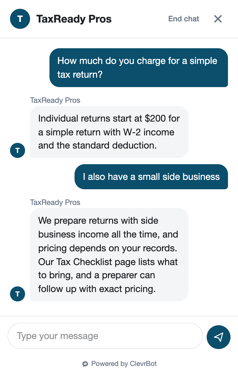 Chatbot for tax preparation showing a pricing and services conversation
