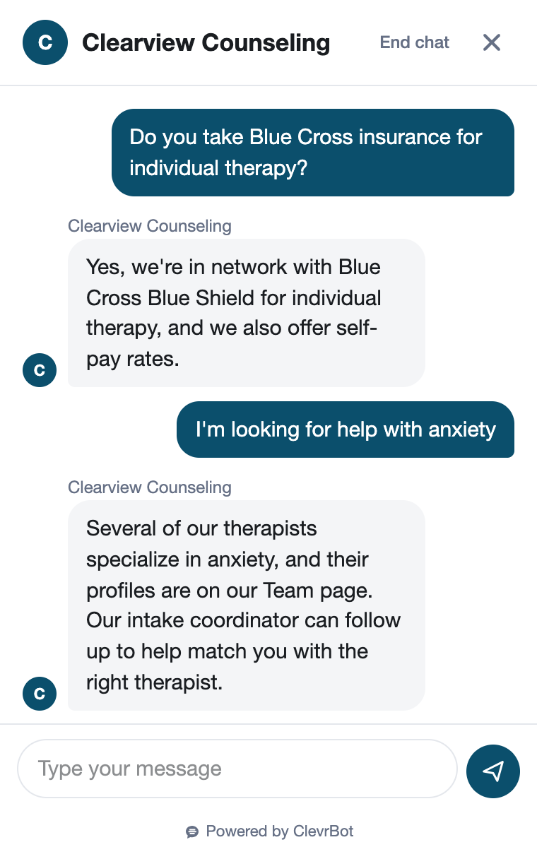 Chatbot for therapists showing an insurance and availability conversation